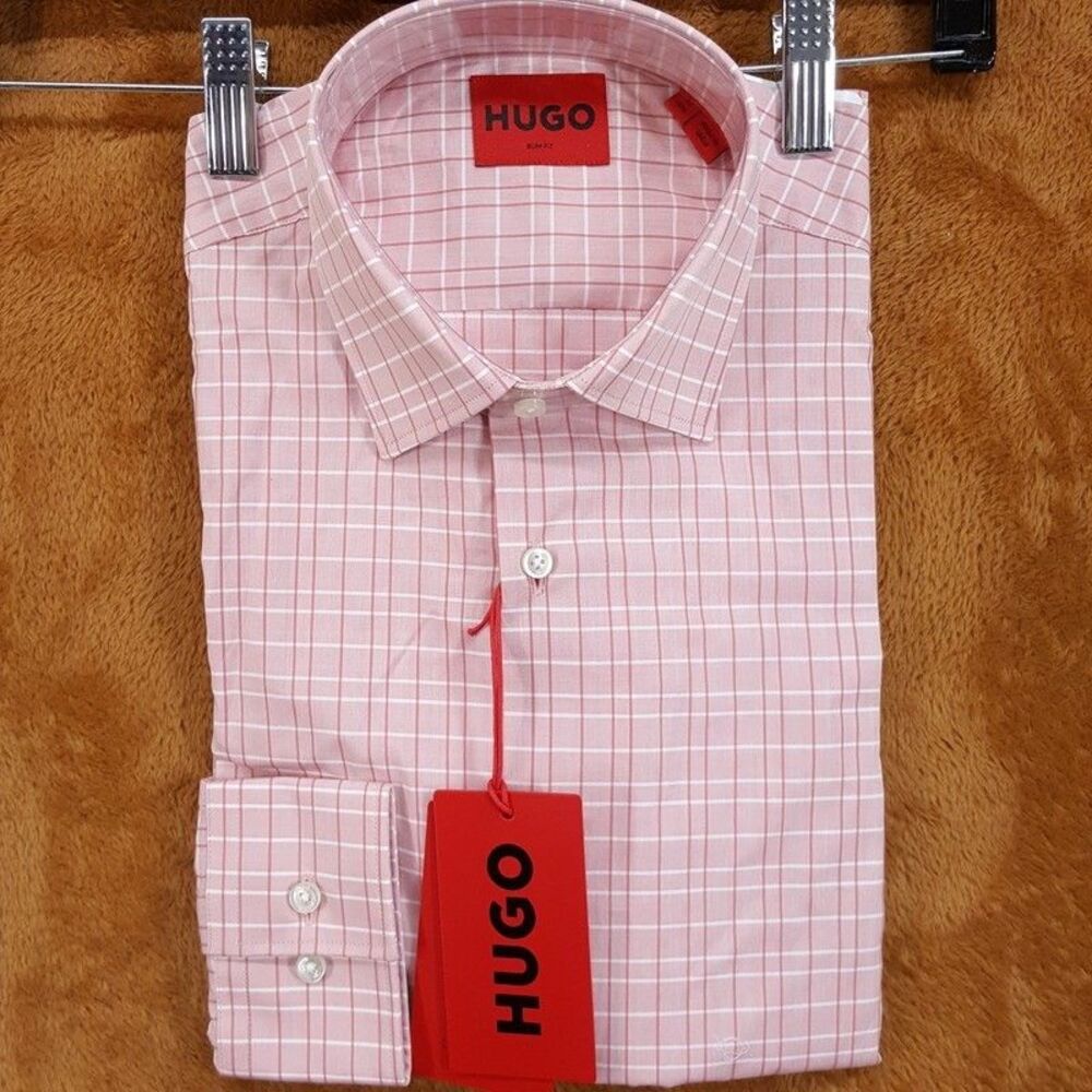 HUGO BOSS Shirt Mens 14.5 37 Pink Check Plaid Button Up Slim Fit KENNO